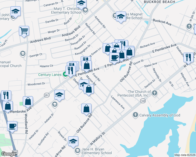 map of restaurants, bars, coffee shops, grocery stores, and more near 1924 East Pembroke Avenue in Hampton