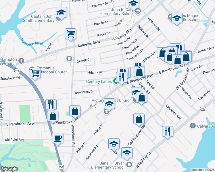 map of restaurants, bars, coffee shops, grocery stores, and more near 617 Renn Road in Hampton