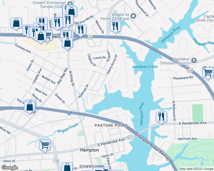 map of restaurants, bars, coffee shops, grocery stores, and more near 114 Eberly Terrace in Hampton