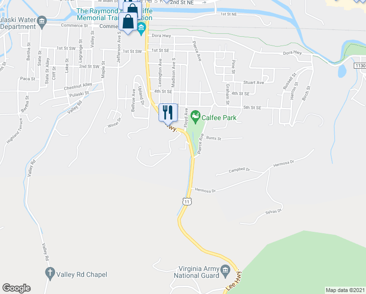 map of restaurants, bars, coffee shops, grocery stores, and more near 722 Park Avenue in Pulaski