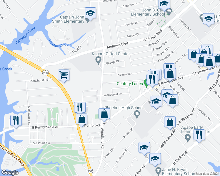 map of restaurants, bars, coffee shops, grocery stores, and more near 1413 Oakcrest Drive in Hampton