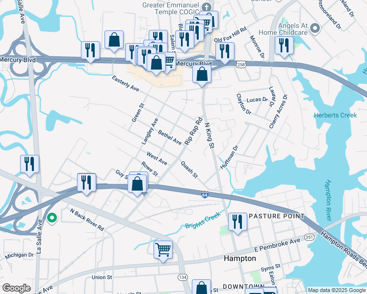 map of restaurants, bars, coffee shops, grocery stores, and more near 1009 Bethel Avenue in Hampton