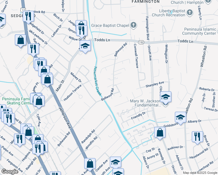 map of restaurants, bars, coffee shops, grocery stores, and more near 725 Bellwood Road in Hampton