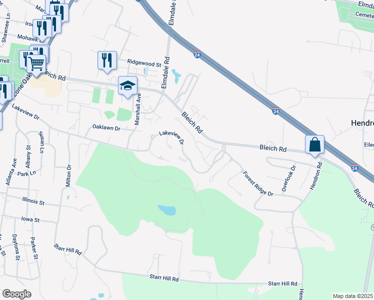 map of restaurants, bars, coffee shops, grocery stores, and more near 195 Spring Valley Drive in Paducah