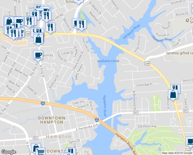 map of restaurants, bars, coffee shops, grocery stores, and more near 205 Dockside Drive in Hampton