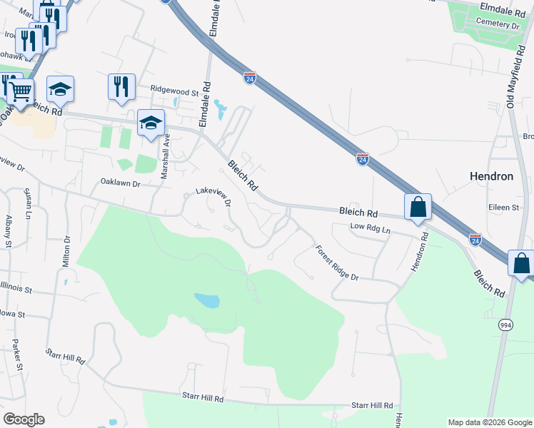 map of restaurants, bars, coffee shops, grocery stores, and more near 185 Spring Valley Cove in Paducah