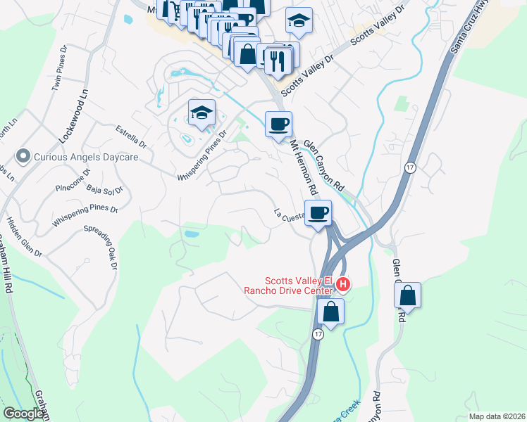 map of restaurants, bars, coffee shops, grocery stores, and more near 244 Miraflores Road in Scotts Valley