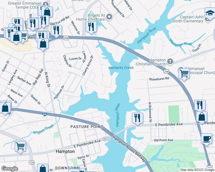map of restaurants, bars, coffee shops, grocery stores, and more near 205 Dockside Drive in Hampton