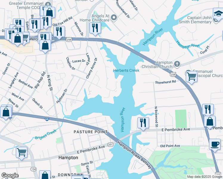 map of restaurants, bars, coffee shops, grocery stores, and more near 203 Dockside Drive in Hampton