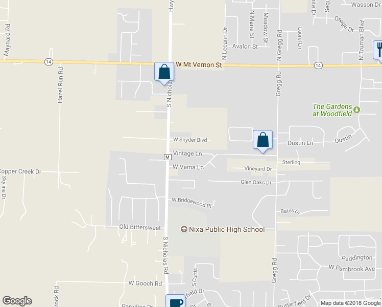 map of restaurants, bars, coffee shops, grocery stores, and more near 1248 Vintage Lane in Nixa