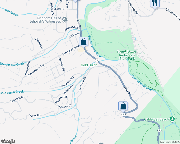 map of restaurants, bars, coffee shops, grocery stores, and more near 359 Redwood Road in Felton