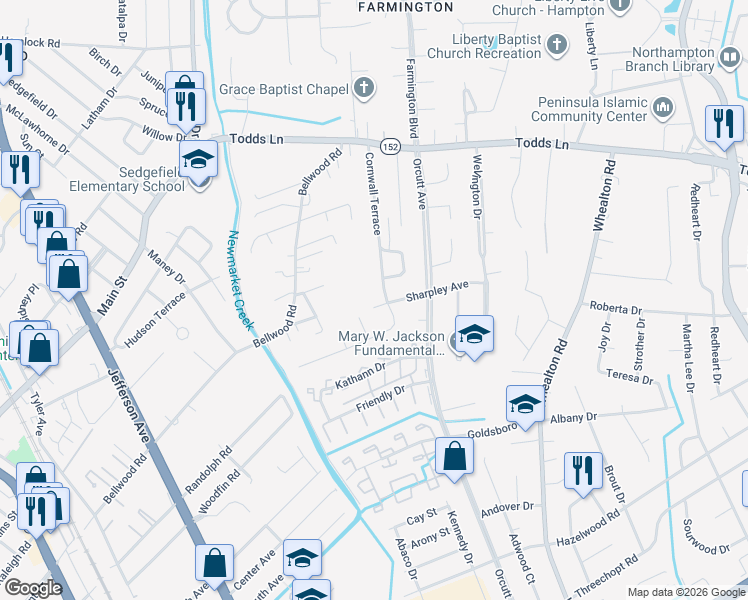 map of restaurants, bars, coffee shops, grocery stores, and more near 58 Cornwall Terrace in Hampton