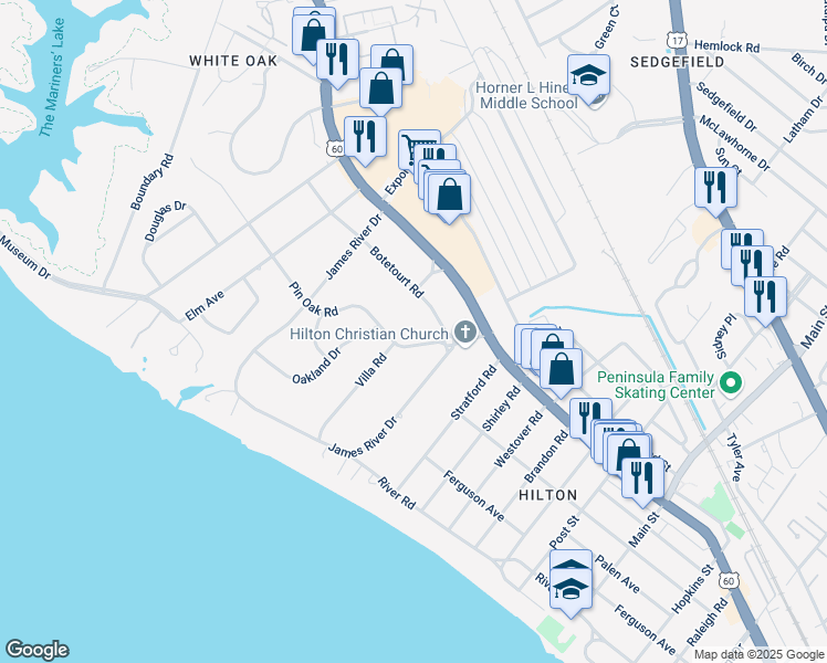 map of restaurants, bars, coffee shops, grocery stores, and more near 101 Botetourt Road in Newport News