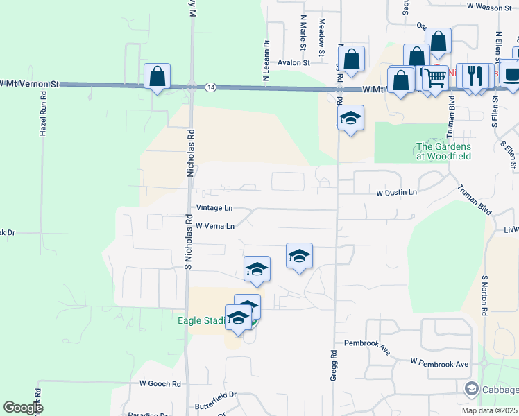 map of restaurants, bars, coffee shops, grocery stores, and more near 1101-1223 W Verna Ln in Nixa