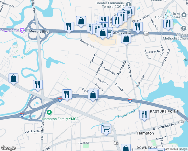 map of restaurants, bars, coffee shops, grocery stores, and more near 510 Langley Avenue in Hampton
