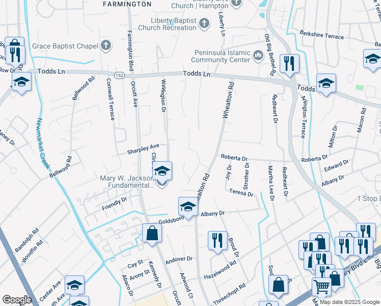 map of restaurants, bars, coffee shops, grocery stores, and more near 11 Cordova Drive in Hampton