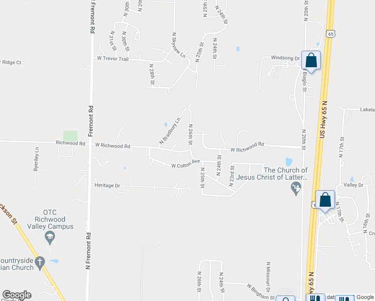 map of restaurants, bars, coffee shops, grocery stores, and more near 2600 West Richwood Road in Ozark