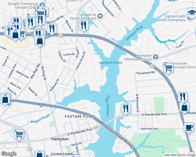 map of restaurants, bars, coffee shops, grocery stores, and more near 203 Dockside Drive in Hampton