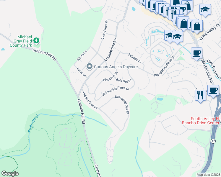 map of restaurants, bars, coffee shops, grocery stores, and more near 1120 Whispering Pines Drive in Scotts Valley
