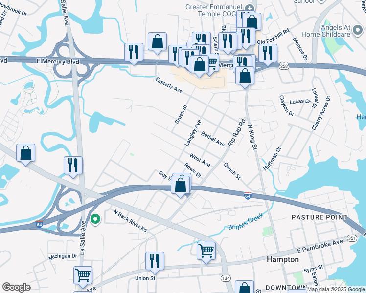 map of restaurants, bars, coffee shops, grocery stores, and more near 510 Langley Avenue in Hampton
