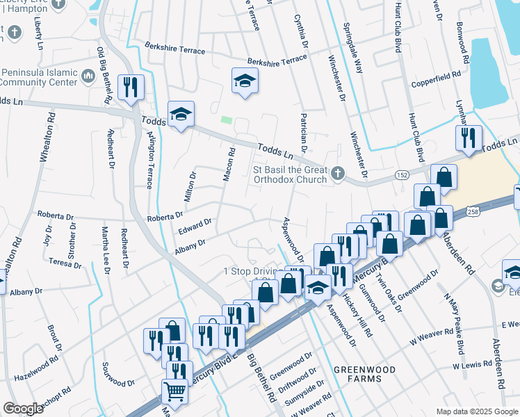 map of restaurants, bars, coffee shops, grocery stores, and more near 4 Troy Cir in Hampton