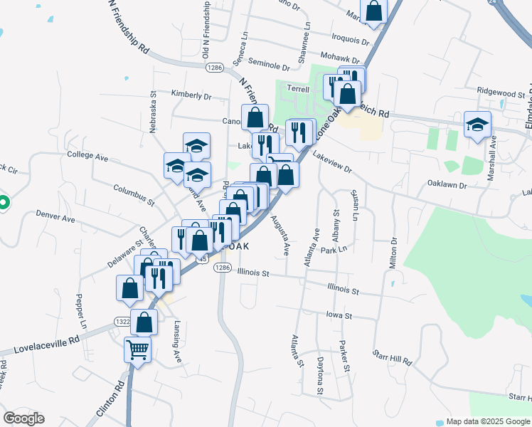 map of restaurants, bars, coffee shops, grocery stores, and more near Lone Oak Road in Paducah