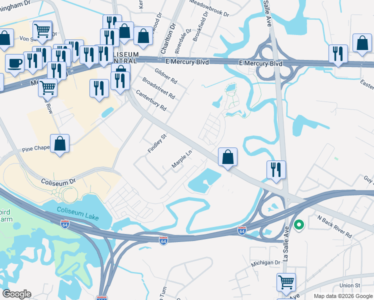map of restaurants, bars, coffee shops, grocery stores, and more near 1605 North Armistead Avenue in Hampton