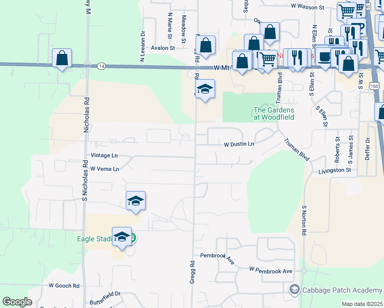 map of restaurants, bars, coffee shops, grocery stores, and more near 1101 West Verna Lane in Nixa