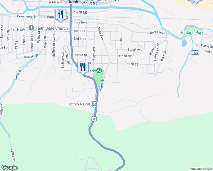 map of restaurants, bars, coffee shops, grocery stores, and more near 601 Pierce Avenue in Pulaski