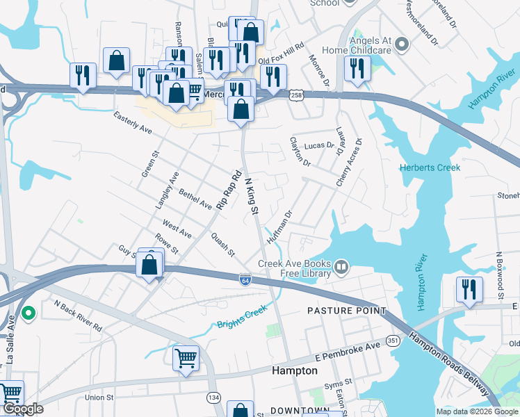 map of restaurants, bars, coffee shops, grocery stores, and more near 900 North King Street in Hampton