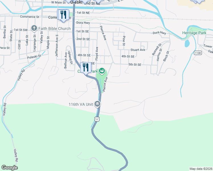 map of restaurants, bars, coffee shops, grocery stores, and more near 601 Pierce Avenue in Pulaski