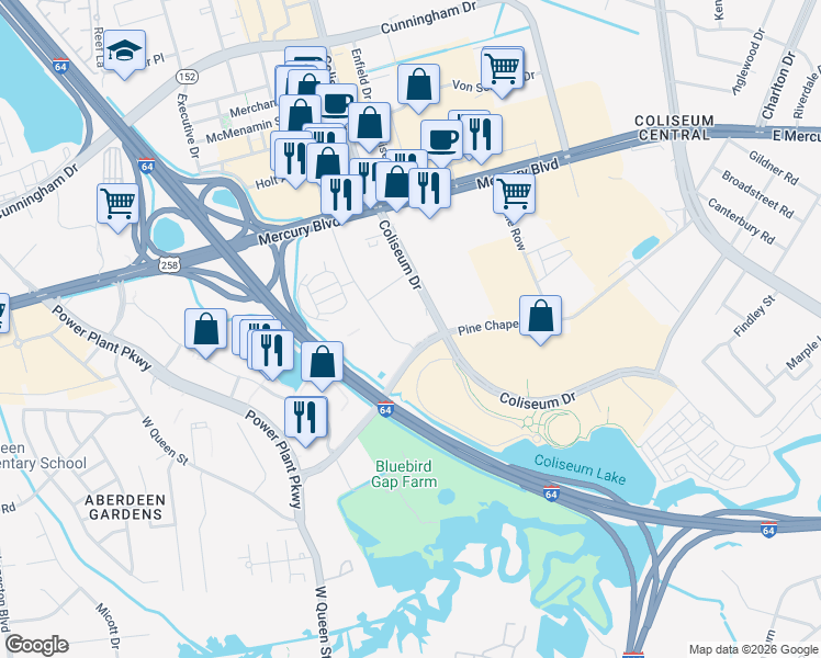 map of restaurants, bars, coffee shops, grocery stores, and more near 1910 Commerce Drive in Hampton