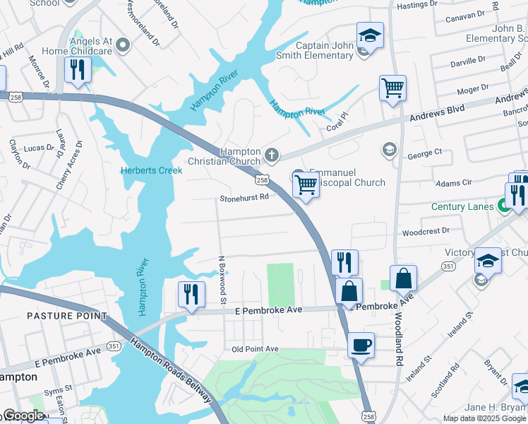 map of restaurants, bars, coffee shops, grocery stores, and more near 113 Southerland Drive in Hampton
