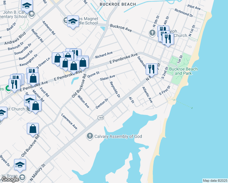 map of restaurants, bars, coffee shops, grocery stores, and more near 15 Reynolds Drive in Hampton