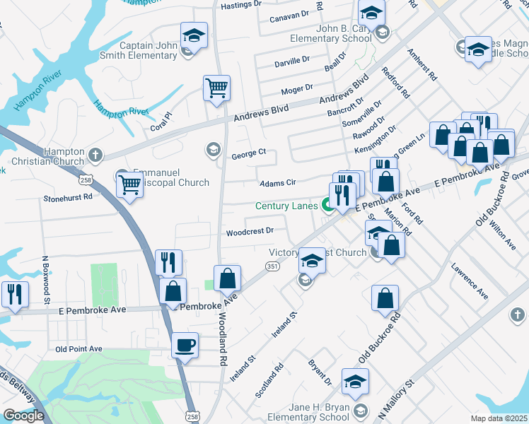 map of restaurants, bars, coffee shops, grocery stores, and more near 1427 Oakcrest Drive in Hampton