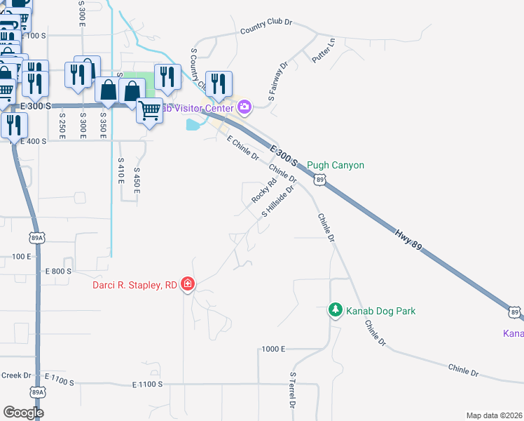 map of restaurants, bars, coffee shops, grocery stores, and more near 632 South Hillside Drive in Kanab
