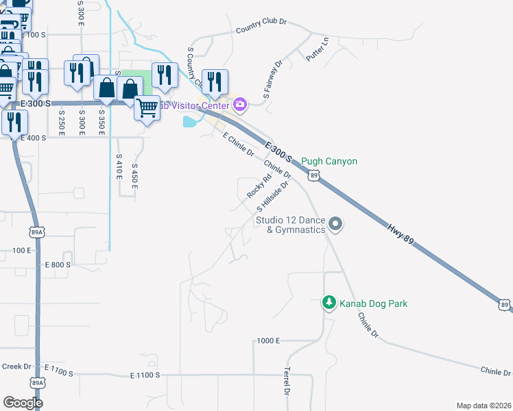 map of restaurants, bars, coffee shops, grocery stores, and more near 632 South Hillside Drive in Kanab
