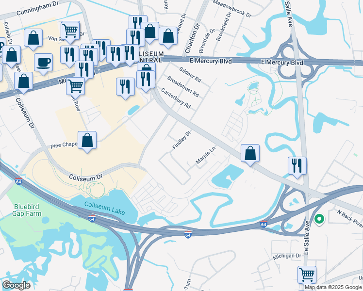 map of restaurants, bars, coffee shops, grocery stores, and more near 14 Findley Street in Hampton