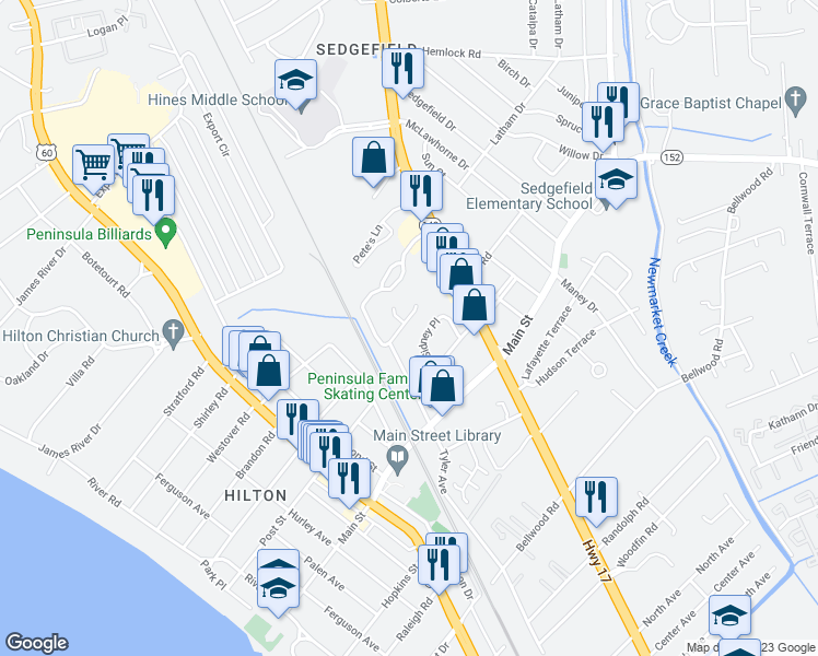 map of restaurants, bars, coffee shops, grocery stores, and more near 279 Town Pointe Way in Newport News