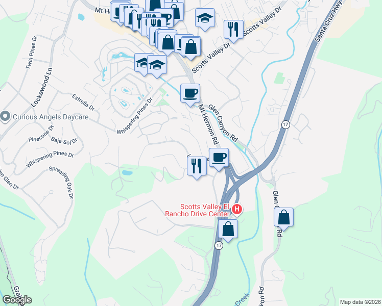 map of restaurants, bars, coffee shops, grocery stores, and more near 270 La Cuesta Drive in Scotts Valley