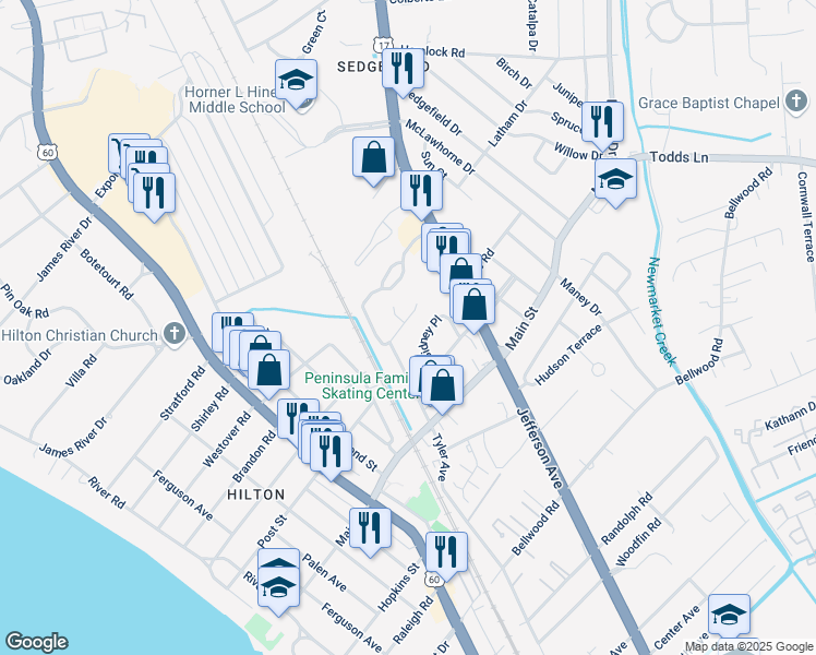 map of restaurants, bars, coffee shops, grocery stores, and more near 279 Town Pointe Way in Newport News