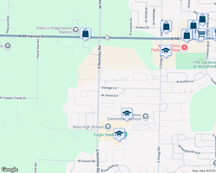 map of restaurants, bars, coffee shops, grocery stores, and more near 1259 Vintage Lane in Nixa