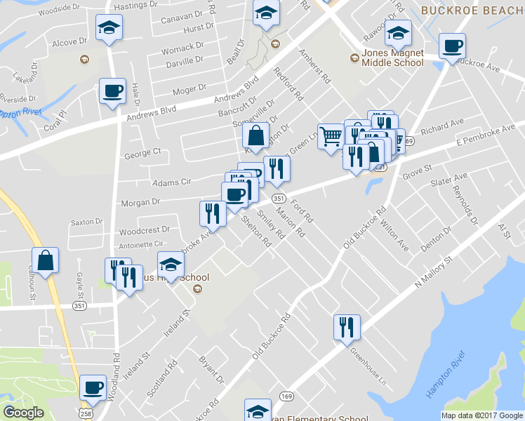 map of restaurants, bars, coffee shops, grocery stores, and more near 530 Smiley Road in Hampton