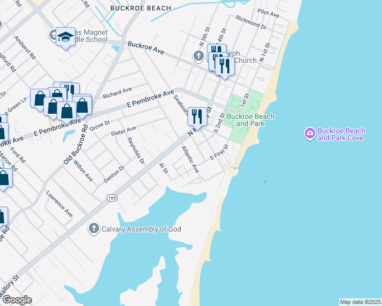 map of restaurants, bars, coffee shops, grocery stores, and more near 222 Atlantic Avenue in Hampton