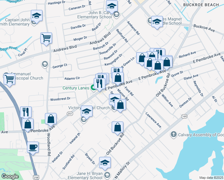 map of restaurants, bars, coffee shops, grocery stores, and more near 530 Smiley Road in Hampton