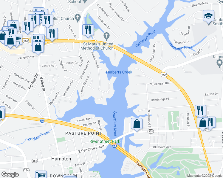 map of restaurants, bars, coffee shops, grocery stores, and more near 226 Dockside Drive in Hampton