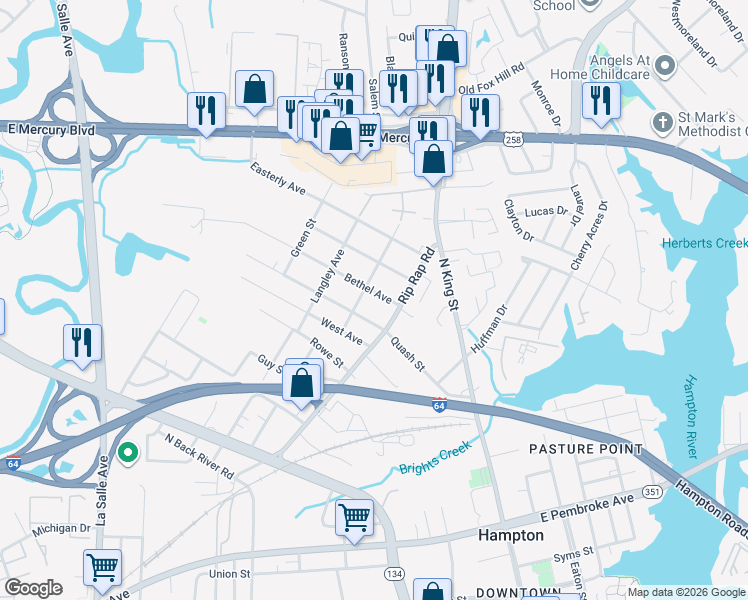 map of restaurants, bars, coffee shops, grocery stores, and more near 1027 Bethel Avenue in Hampton