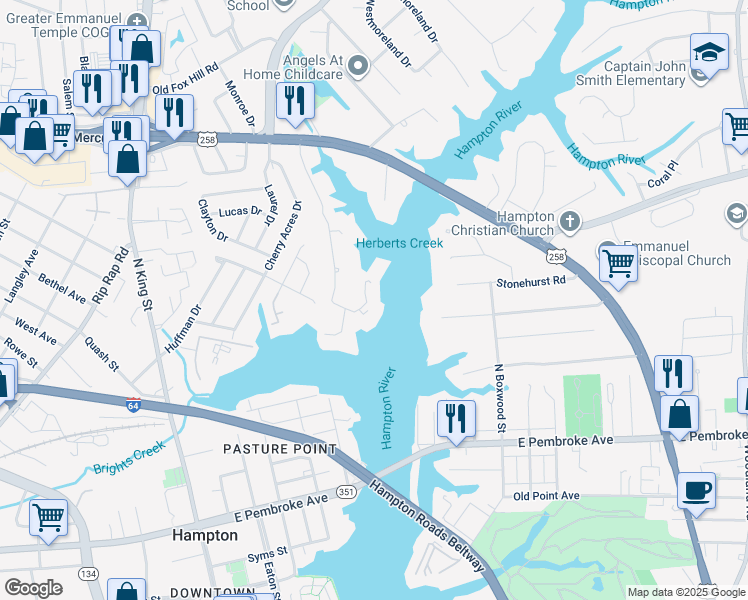 map of restaurants, bars, coffee shops, grocery stores, and more near 226 Dockside Drive in Hampton