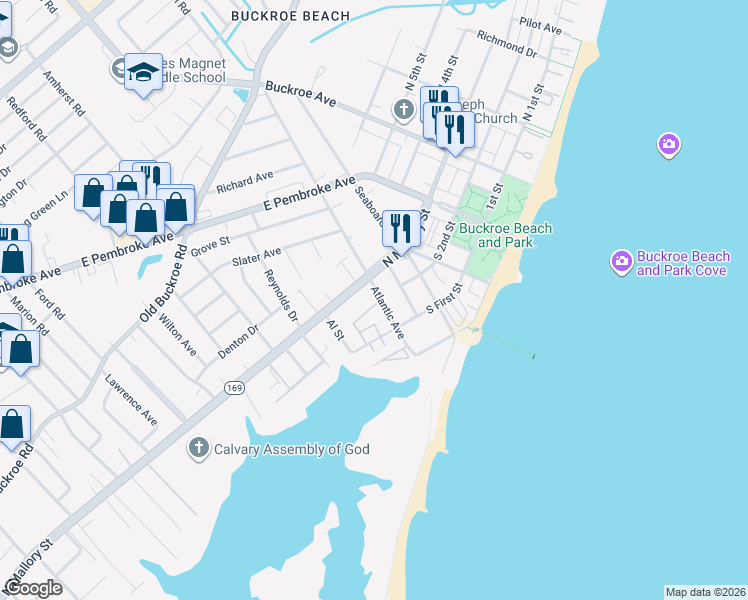 map of restaurants, bars, coffee shops, grocery stores, and more near 222 Atlantic Avenue in Hampton
