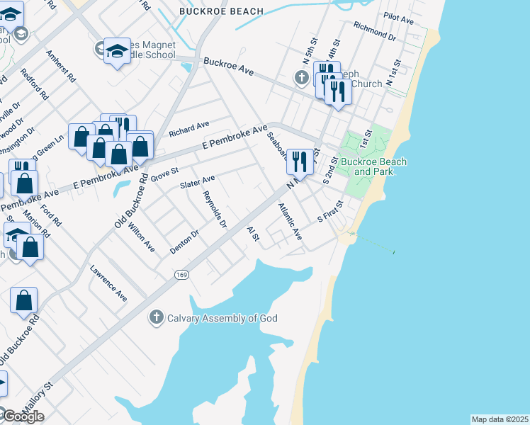map of restaurants, bars, coffee shops, grocery stores, and more near 1670 North Mallory Street in Hampton